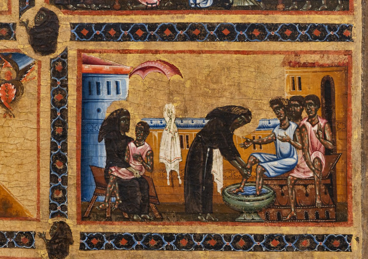 Bardi St. Francis altertavle og tyve historier om hans liv, Bardi-kapellet, Detalje af den hellige hellige, der underviser spedalske, mens han holder en i sine arme og vasker fødderne på de andre af Coppo di Marcovaldo