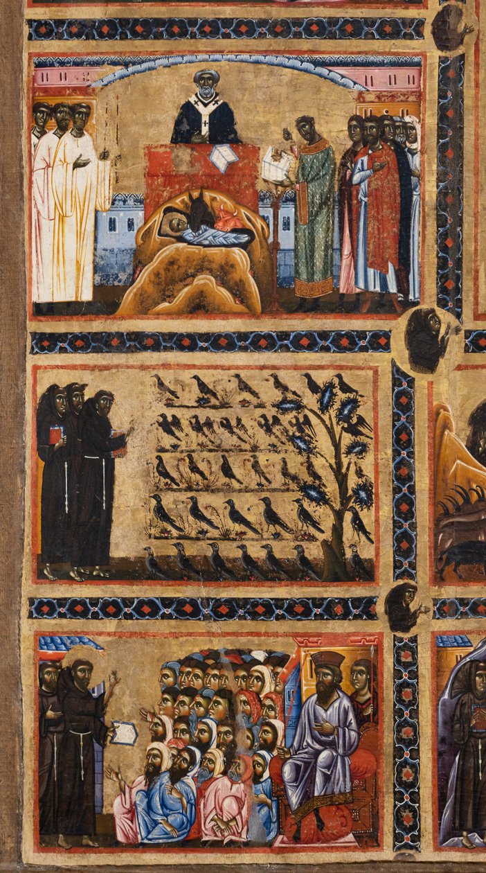 Bardi St. Francis altertavle og tyve historier om hans liv, detaljer fra oven: skabelsen af fødselsscenen i Greccio St. Frans prædiker for fugle, St. Frans prædiker for muslimer foran sultanen, 1245-50 af Coppo di Marcovaldo