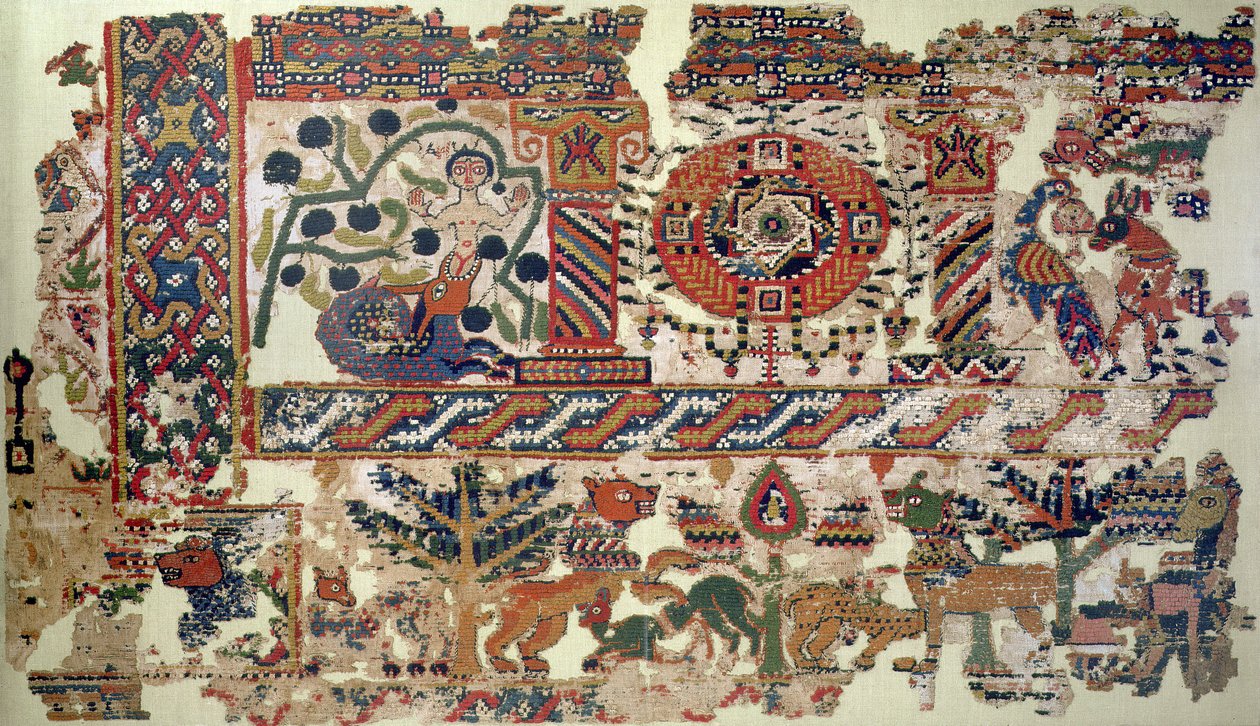 Fragment af tekstil forestillende Jonas and the Whale linned og ulddetalje af 105613 af Coptic