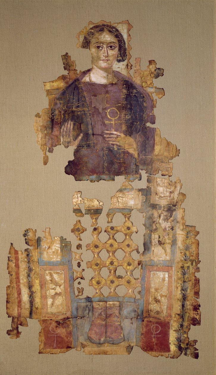 Ligklæde, der forestiller en kvinde, der holder en ankh, fra Antinoe, 3.-4. århundrede (malet stof) af Coptic