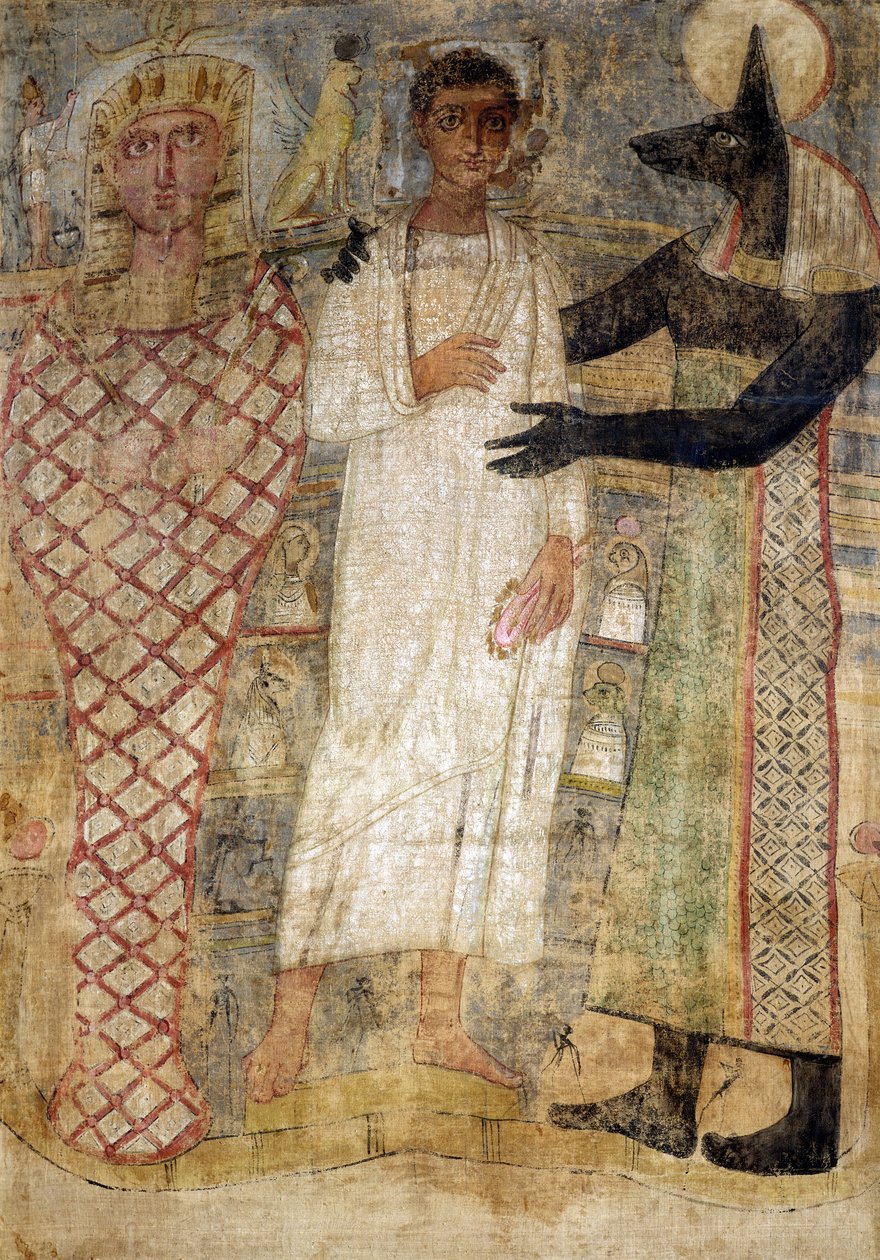 Den afdøde og hans mumie beskyttet af Anubis (enkaustisk voks på linned) af Coptic