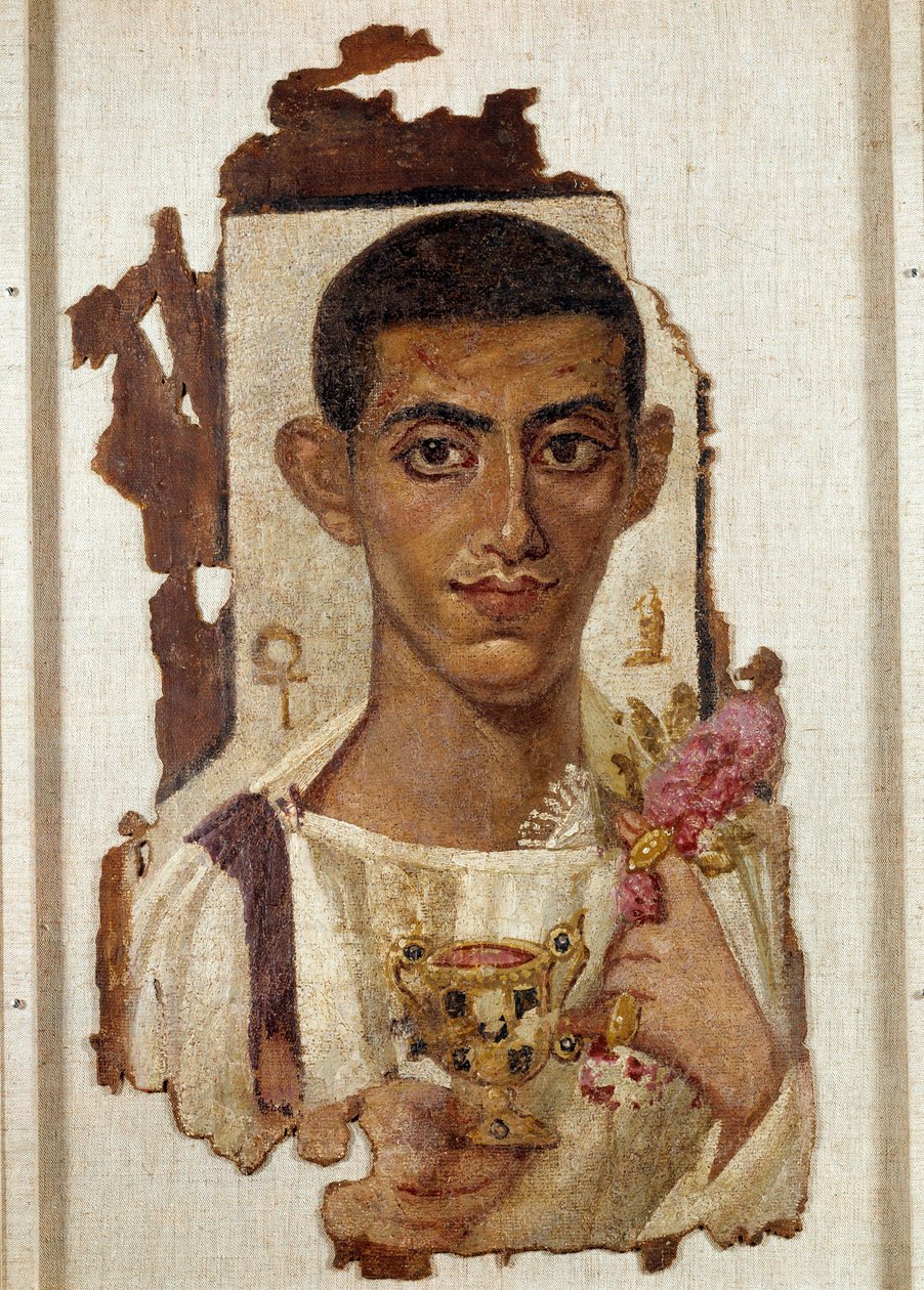 Det gamle Egypten: portræt af Ammonios: repræsentation af en mand, der holder en gylden canthara beriget med smaragder og fyldt med vin, der identificerer ham som Dionysos. I venstre hånd af gyldne riddere, kransen af roser, symbol på genfødsel, nær hans h af Coptic