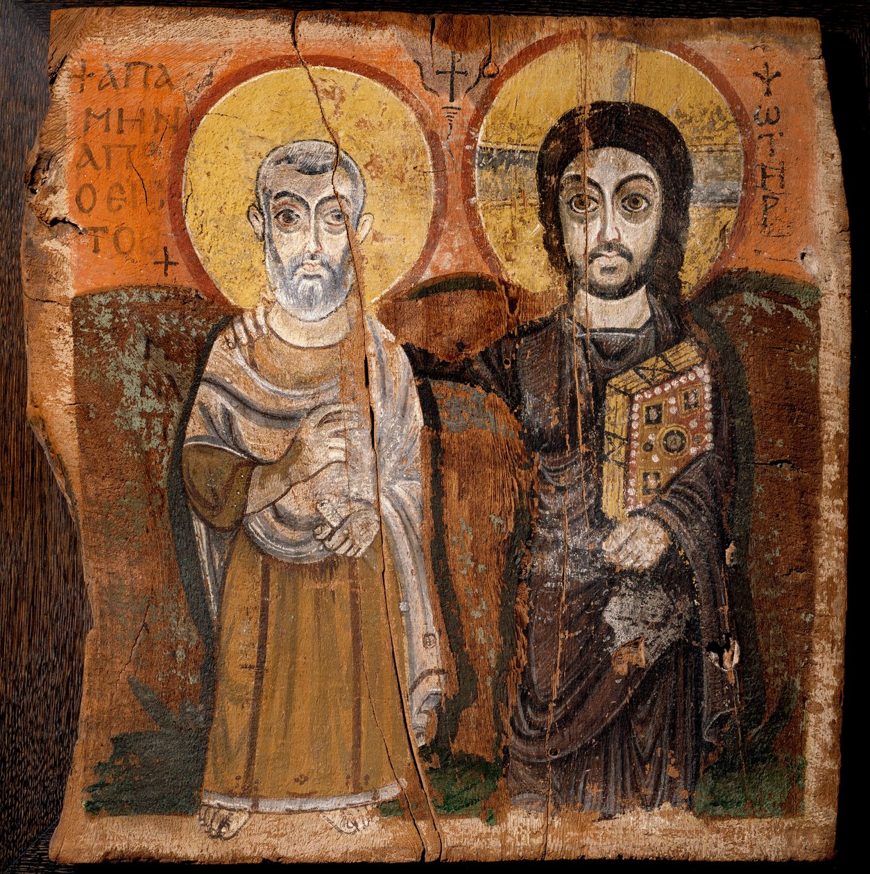 Koptisk kunst: "" Kristus og Abbe Mena"" Saint Menas (Minas, Mina, Mena, Mennas), egyptisk martyr fra det 3. århundrede. Fragment af maling på træ (detempe på figentræ) fra det 6. eller 7. århundrede Mål: 57x57cm. Fra Baouit-stedet i Egypten. - Koptisk kun af Coptic