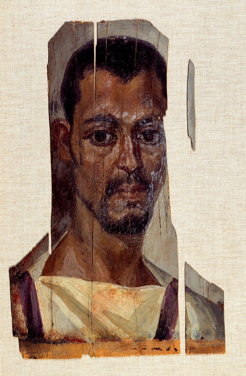 Portræt af mandlig mumie. 3. århundrede, romertiden (det gamle Egypten) (30 f.Kr.-395 e.Kr.) Fra regionen Fayoum (Fayum). Søn 0,41x0,14 m Paris, musee du Louvre af Coptic