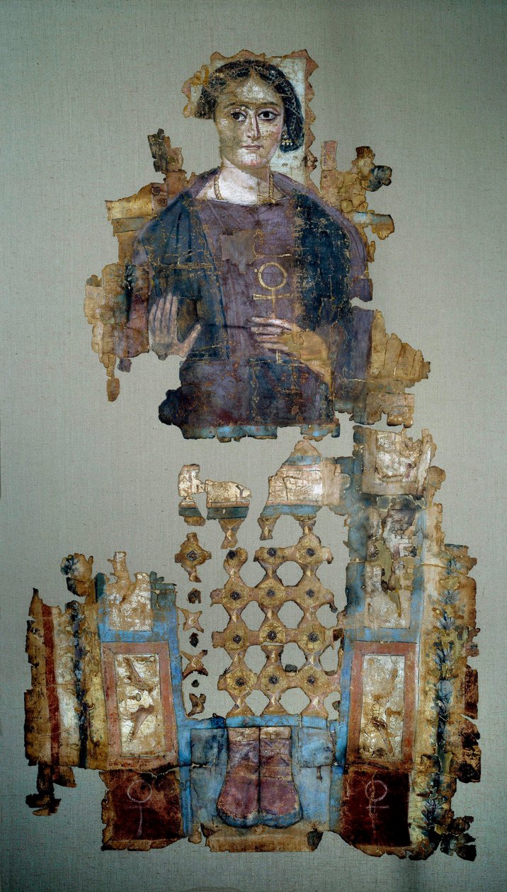 Koptisk kunst: fragment af malet linnedsvøb, der forestiller en ung kvinde kaldet damen et kors ansee. Fra Antinoupolis. 4. århundrede e.Kr. Paris, Louvre-museet af Coptic Coptic