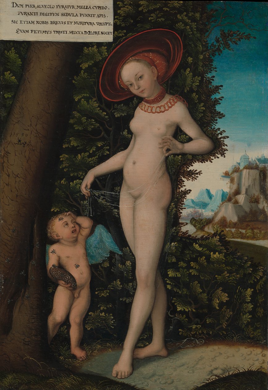 Venus med Amor, honningtyven, ca. 1580-1620. af Copy after Lucas Cranach the Elder