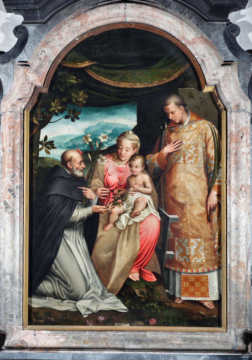 Jomfru og barn mellem Saint Vincent Ferrier (1350-1419) og Saint Vincent af Zaragoza (4. århundrede) (Jomfru med barn med Vincent af Zaragoza og Vincent Ferrer) Maleri af Coriolano Malagavazzo (16. århundrede) 1595 Elatellani-kapellet, basilikaen af Coriolano Malagavazzo