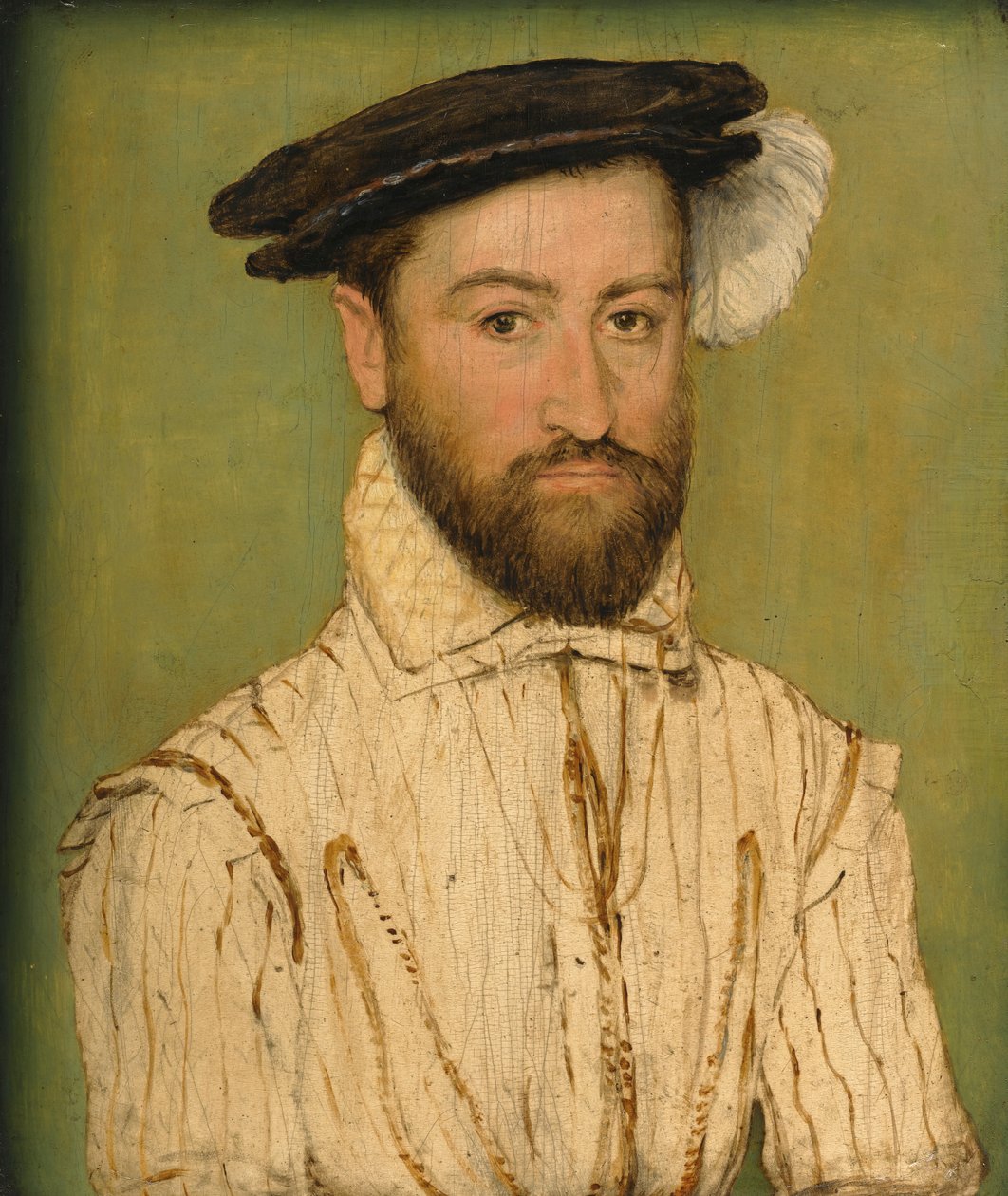 Portræt af en skægget herre, i en sort baret med hvid fjerdragt af Corneille de Lyon