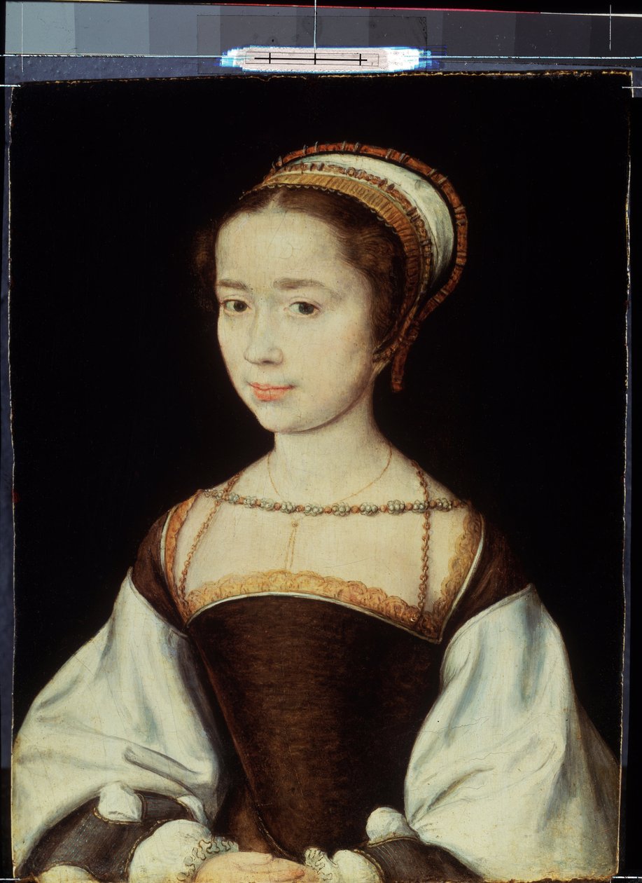 ""Portræt af en ung kvinde"" Maleri af Corneille De Lyon (Corneille Of The Hague) (1500/1510-1574) 1530 Cirka Dim. 20x15,5 cm Sankt Petersborg, Eremitagemuseet af Corneille de la  Haye