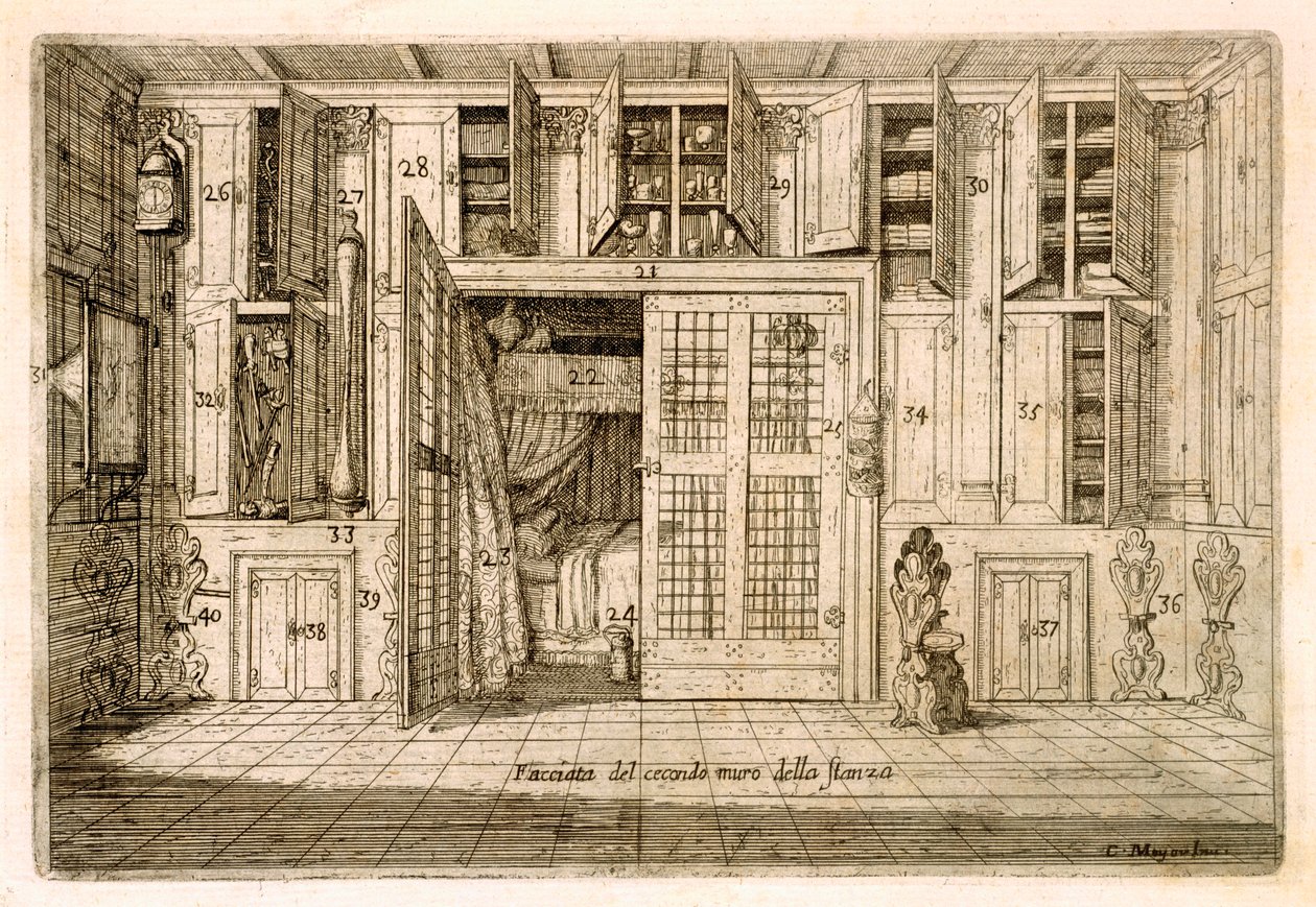 Interiør, Tegning RoomStudy fra Cornelio Meyers bog Viden, 1696, gravering (se 255700) af Cornelis Jansz. Meyer