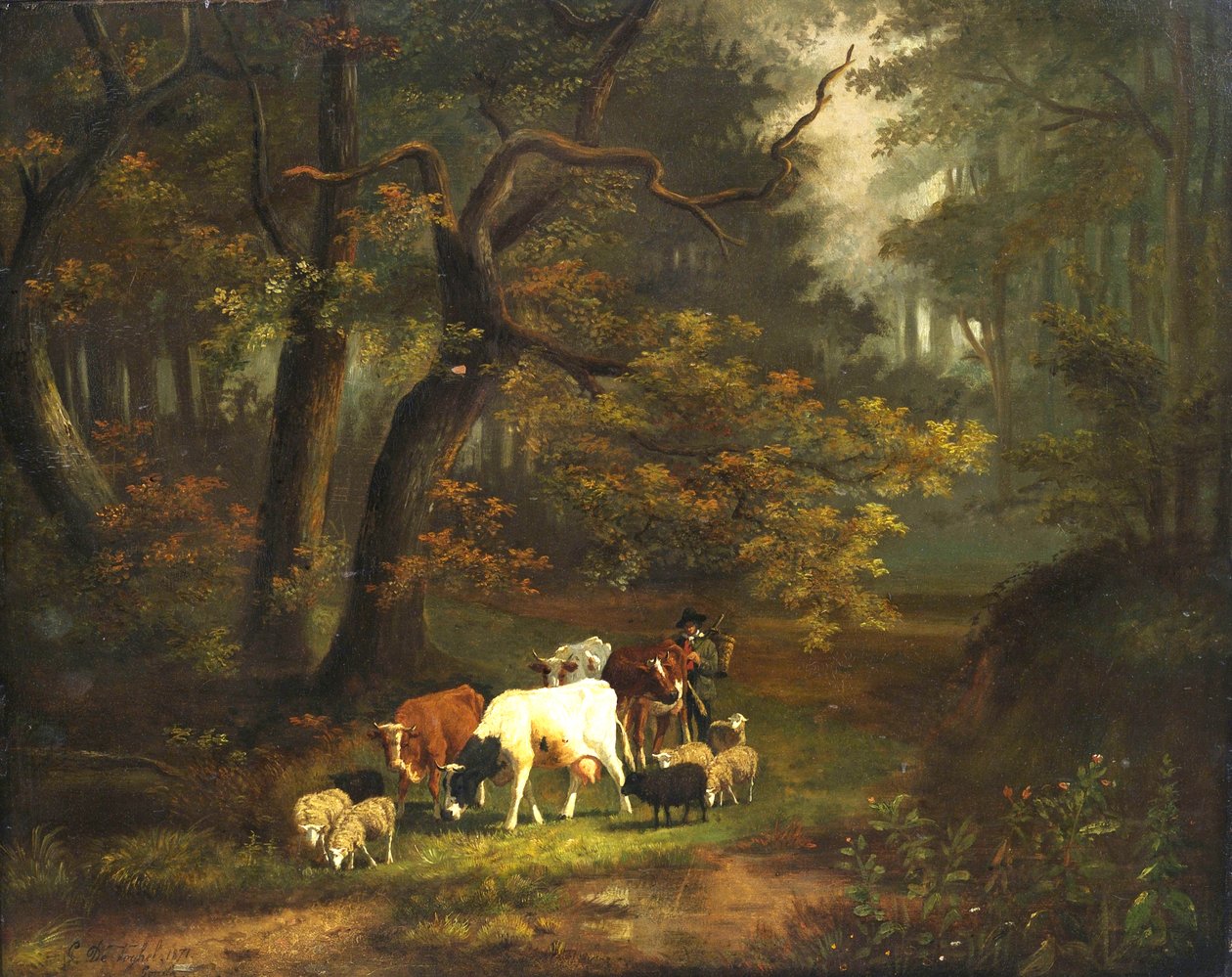 Skovlandskab med en lille flok køer og får. af Cornelis Johannes de Vogel