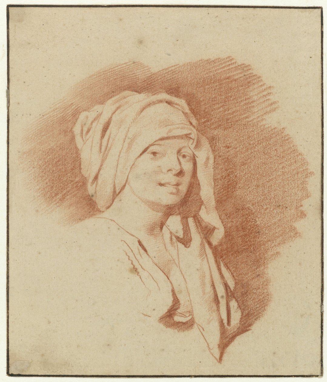 Blodtegning af en buste af en kvinde med et håndklæde om hovedet af Cornelis Pietersz Bega