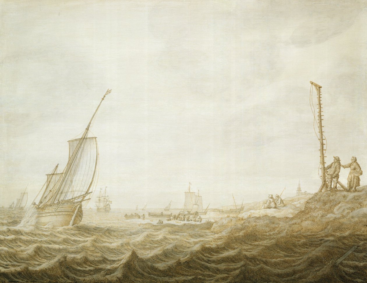 En Grisaille af en Kystscene med Figurer af Cornelis Pietersz. de Mooy