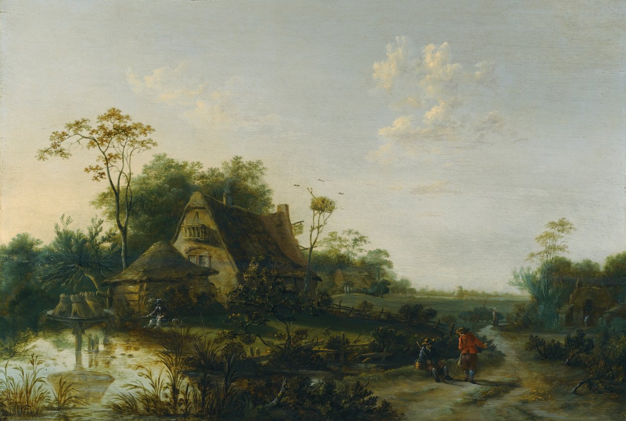 Landskab med figurer, der går forbi et sommerhus og en dam af Cornelis Snellinck