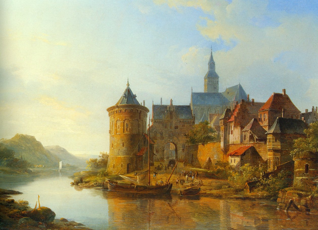 En udsigt over en by langs Rhinen af Cornelis Springer