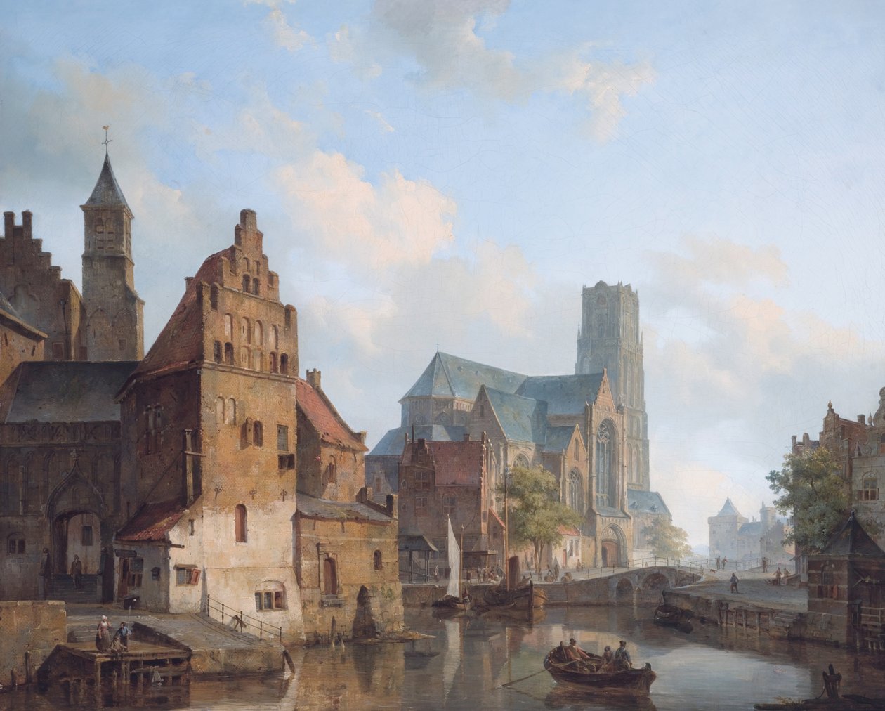 En udsigt over Delftse Vaart og Saint Laurens Kirke, Rotterdam af Cornelis Springer