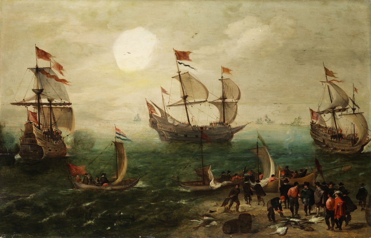 Marinestykke med tre store sejlskibe af Pieter Cornelisz. Verbeeck
