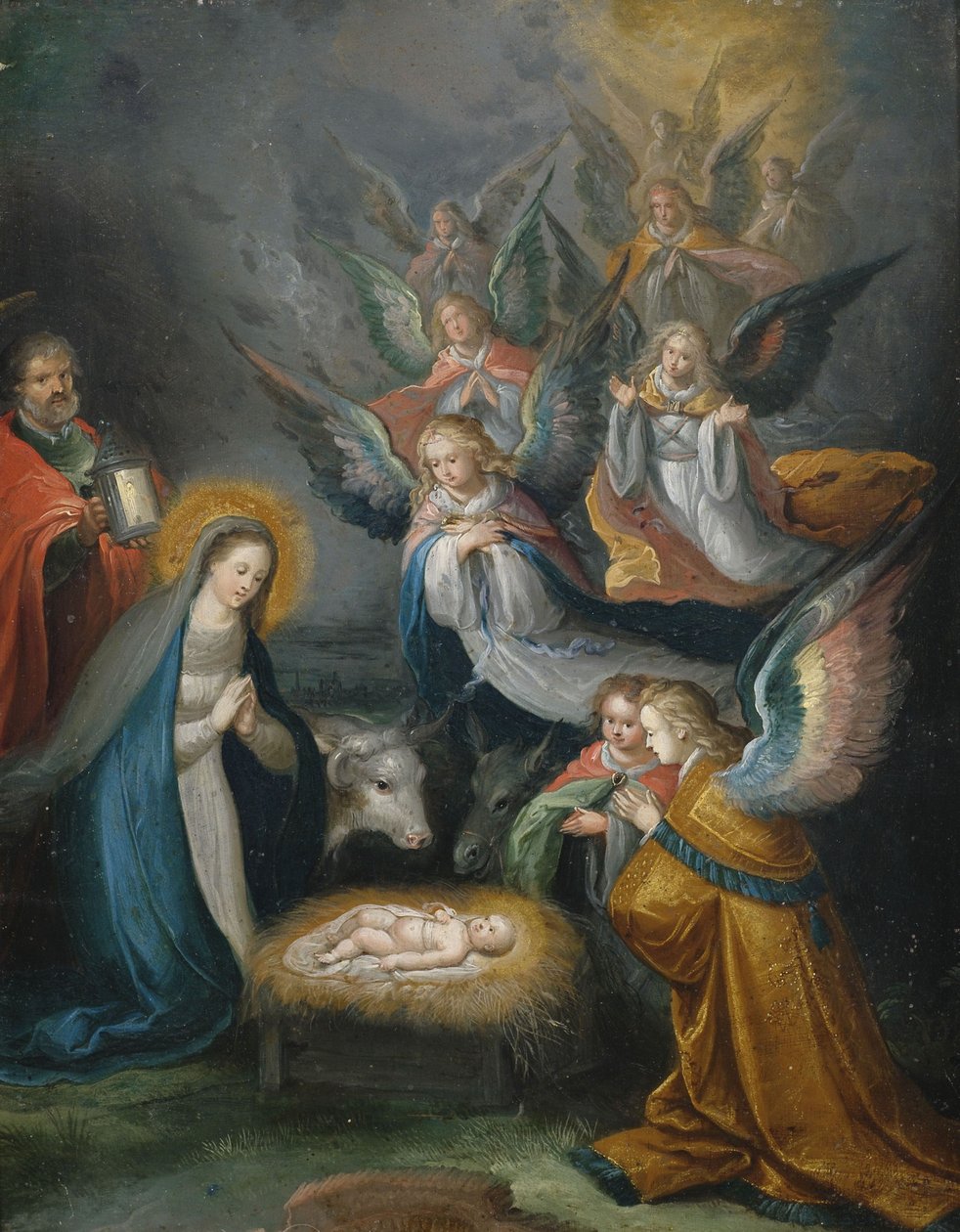 Den hellige familie med engle i tilbedelse af barnet af Cornelis de Baellieur