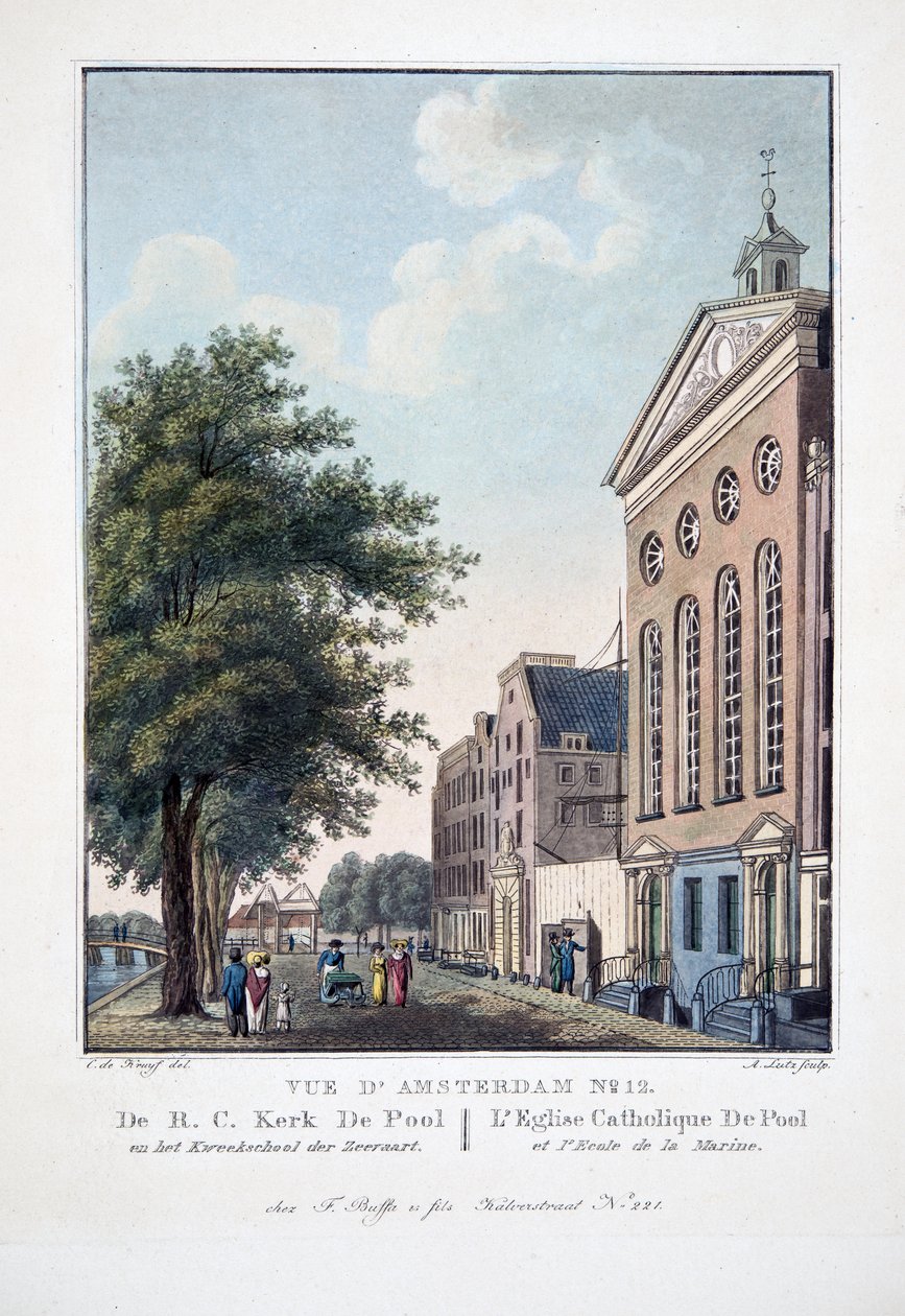 Udsigt over Amsterdam No.12. De R.C. Kerk De Pool en het Kweekschool der Zeerart. De Pool Catholic Church and Marine School, 1825 (håndfarvet gravering) af Cornelis de Kruyff