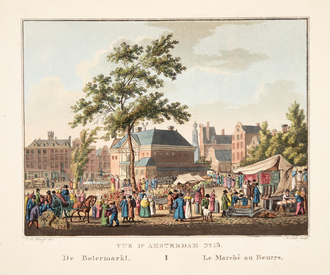Udsigt over Amsterdam No.15. Fra Botermarkt. Smørmarkedet, 1825 (håndfarvet gravering) af Cornelis de Kruyff