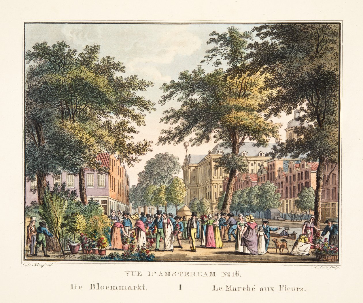 Udsigt over Amsterdam No.16. Fra Bloemmarkt. Blomstermarkedet, 1825 (håndfarvet gravering) af Cornelis de Kruyff