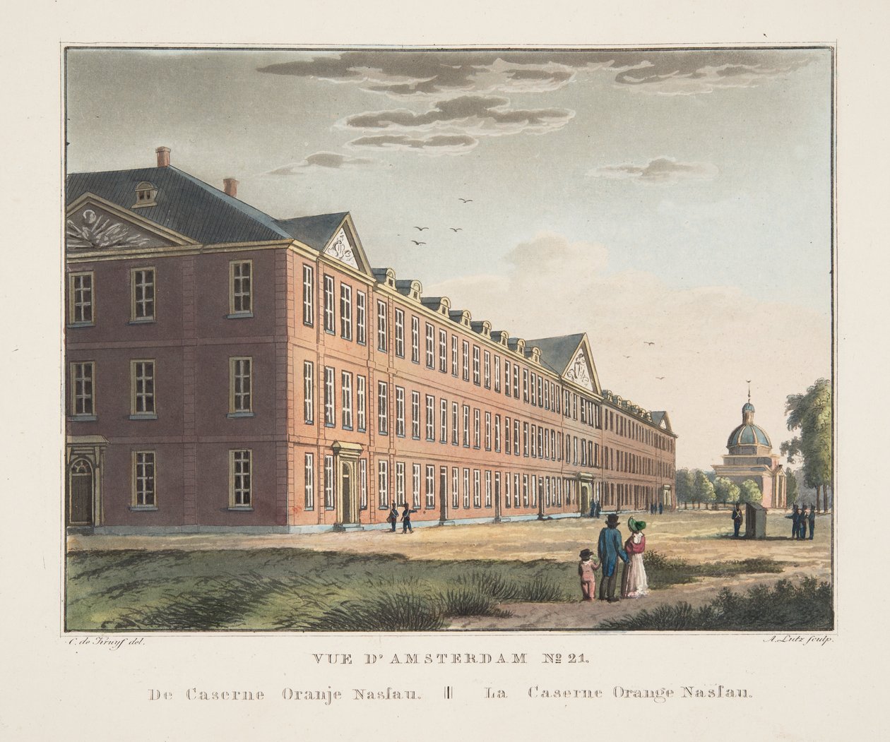 Udsigt over Amsterdam No.21. Fra Oranje Nassau Kaserne. The Orange Nassau Barracks, 1825 (håndfarvet gravering) af Cornelis de Kruyff