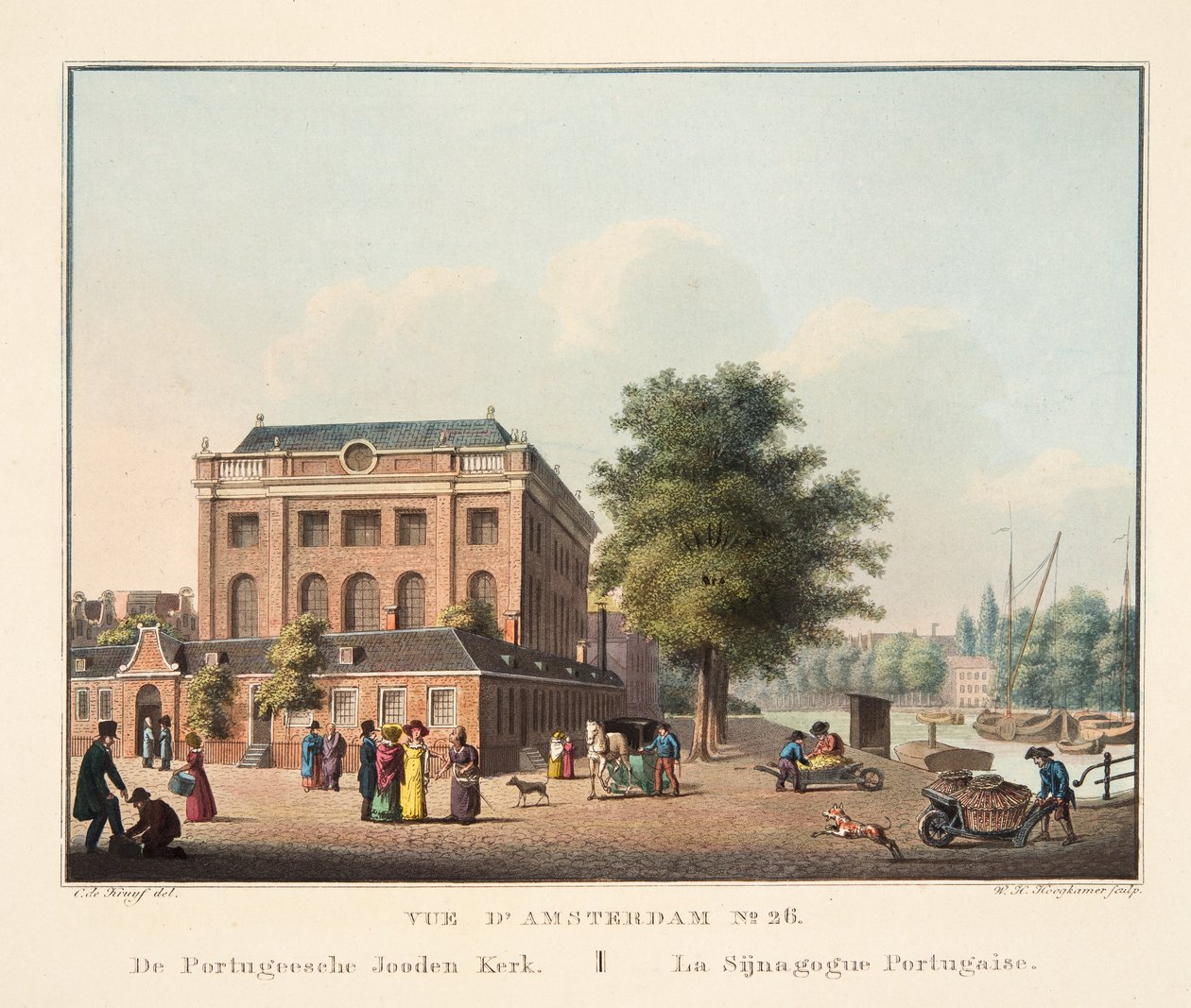 Udsigt over Amsterdam No.26. Fra Portugeesche Jooden Kerk. La Sijnagogue Portugaise, 1825 (håndfarvet gravering) af Cornelis de Kruyff