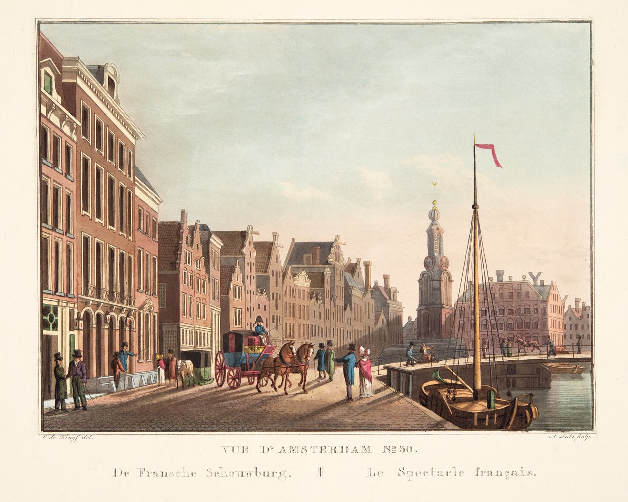 Udsigt over Amsterdam nr. 30. De Fransche Schouwburg. Det franske spektakel, 1825 (håndkoloreret stik) af Cornelis de Kruyff
