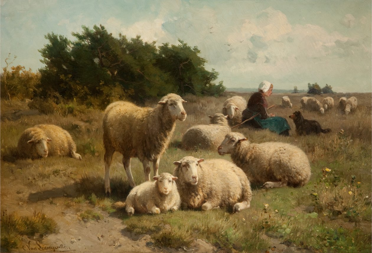 Hollandsk Landskab med Hyrdinde af Cornelis van Leemputten