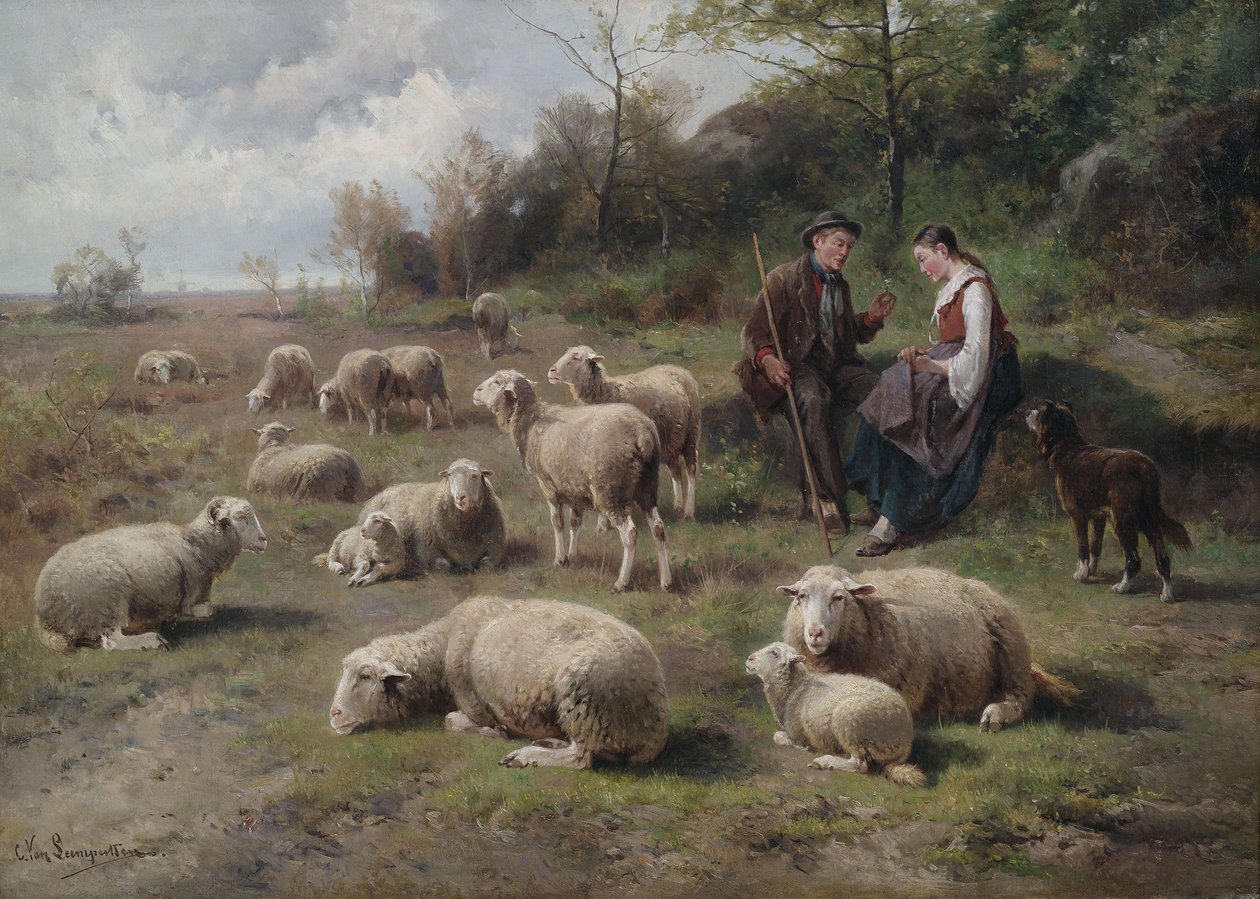 Hyrdepar med flok i græsarealer af Cornelis van Leemputten