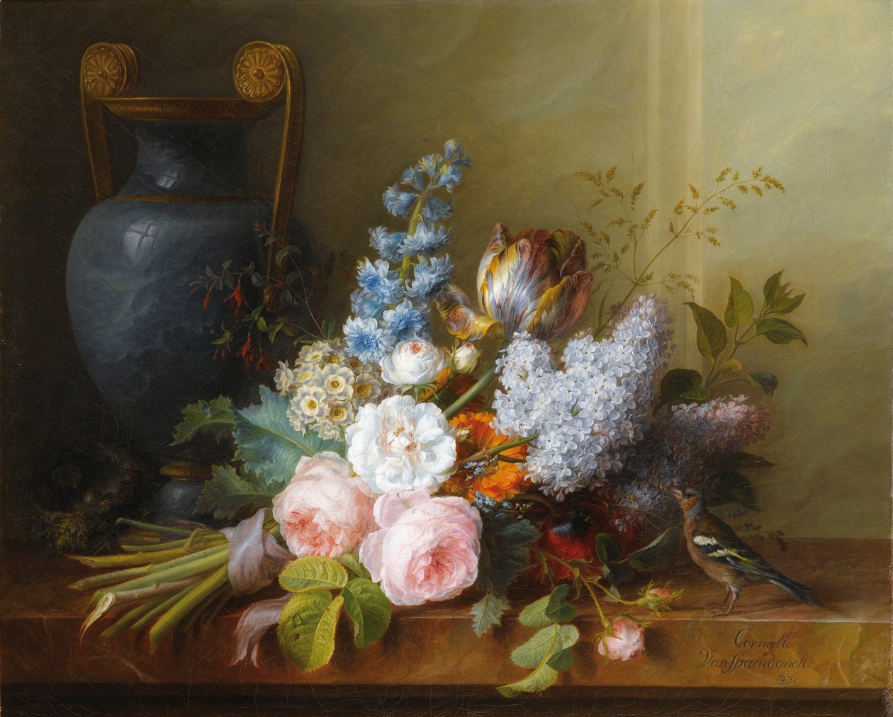 Blomsterbund med en fuglerede af Cornelis van Spaendonck