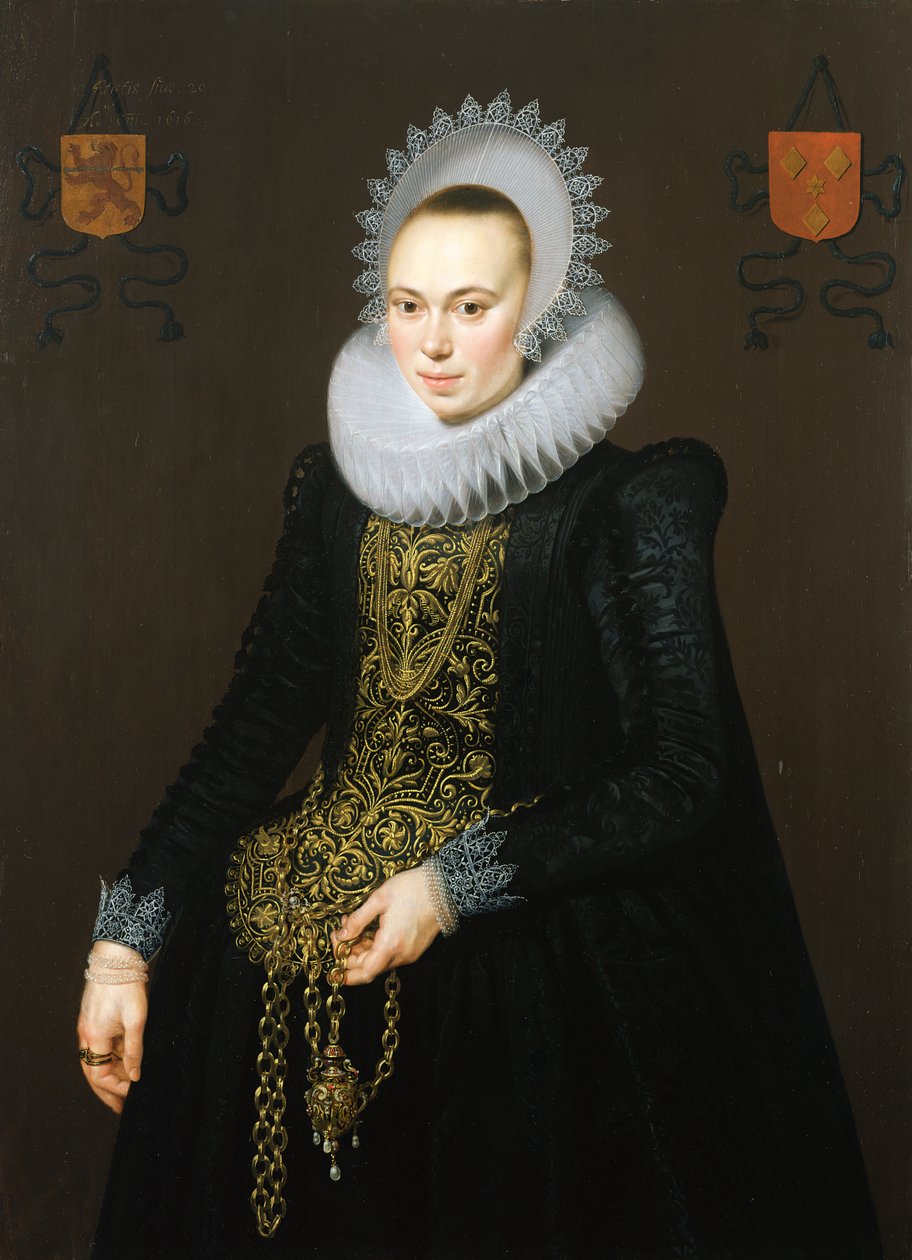 Portræt af Justina van Teylingen, 1616 (se 307901 for par) af Cornelis van der Voort
