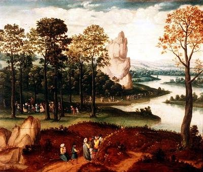 Et omfattende skovklædt flodlandskab med Johannes Døberens prædiken af Cornelis (after) Massys