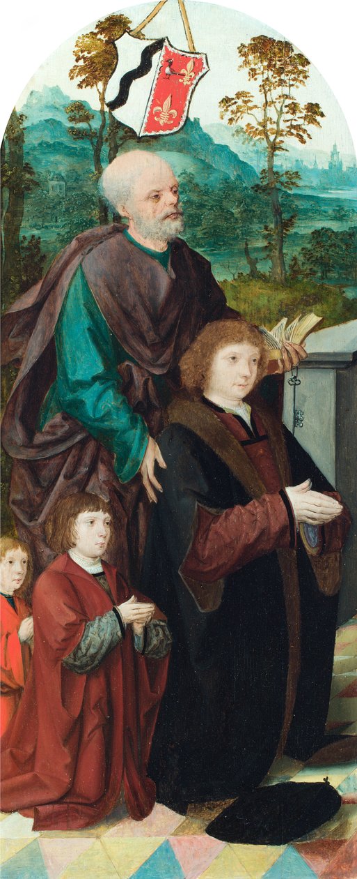 En donor og hans to sønner introduceret til Sankt Peter (olie eller panel) af Cornelis (attr. to) Engelbrechtsz