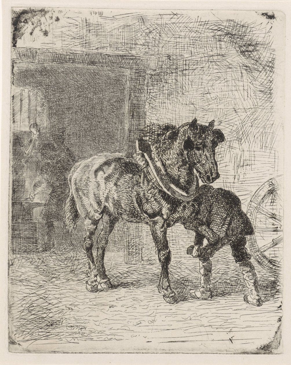 Hest får hestesko i en smedje af Cornelis Albertus Johannes Schermer