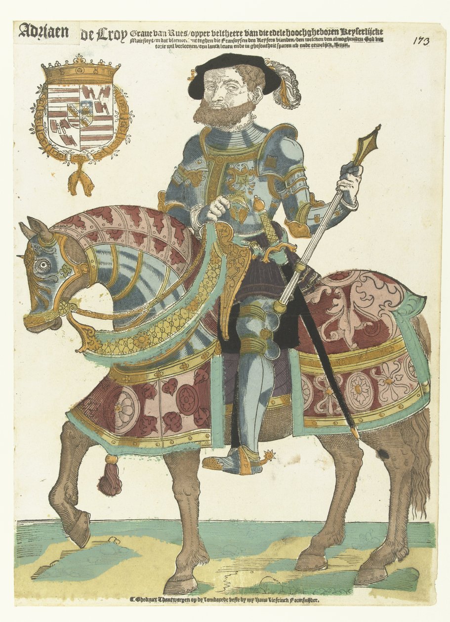 Portræt af Adriaen de Croy til hest af Cornelis Anthonisz. (manner of)