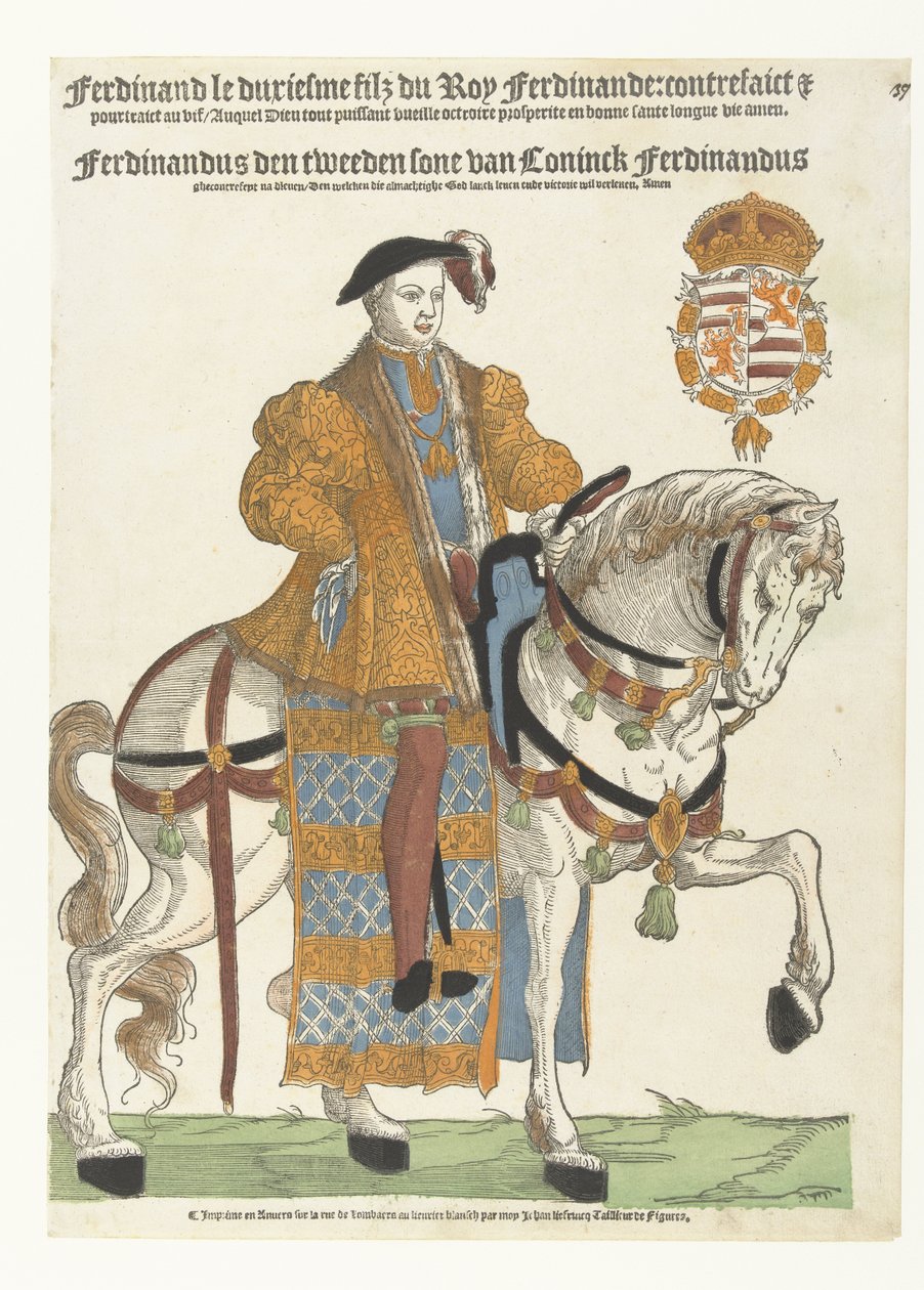 Portræt af Ferdinand af Tyrol til hest af Cornelis Anthonisz. (manner of)