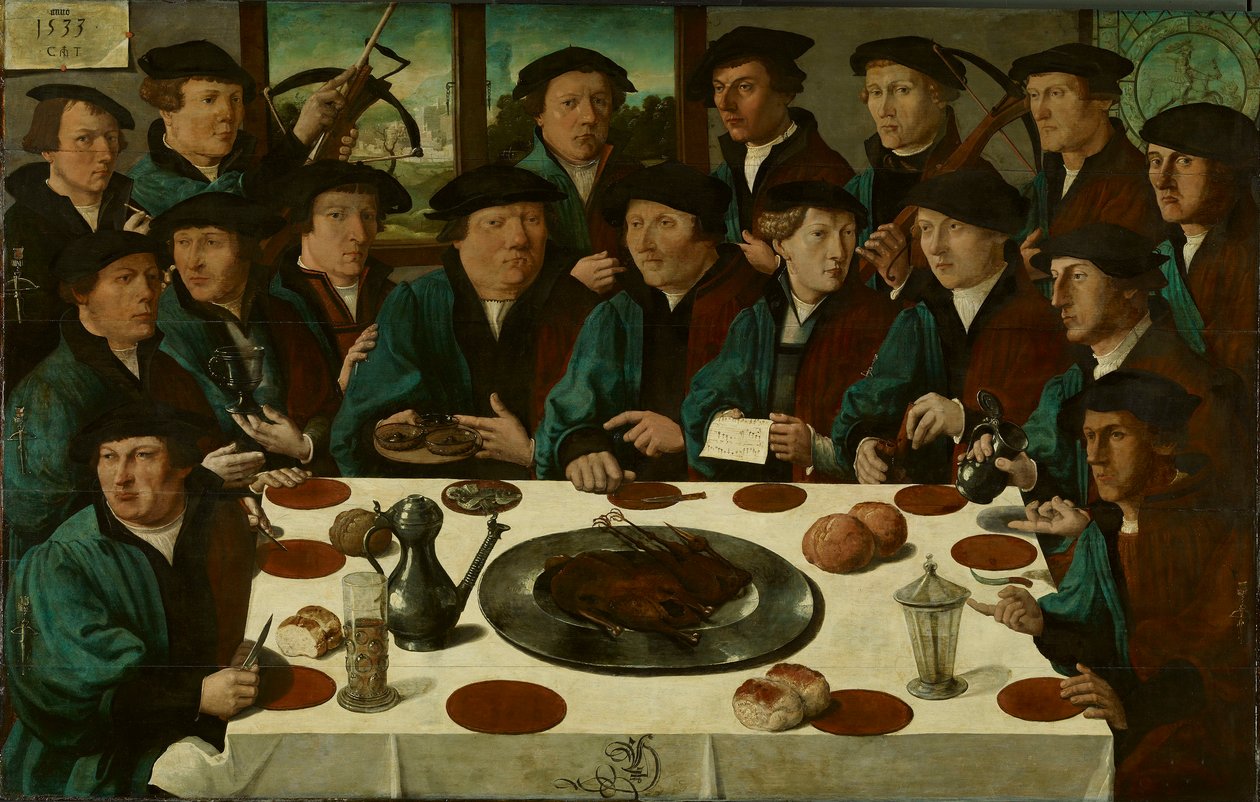 Hollandsk:  De Braspenningsmaaltijd Banket for medlemmer af Amsterdams borgergarde med armbrøst.

 Alternativ(e) titel(r):  
Hollandsk:  De Braspenningsmaaltijd Banket for gruppe D i armbrøstgarden, "The Braspenning Banquet" af Cornelis Anthonisz.