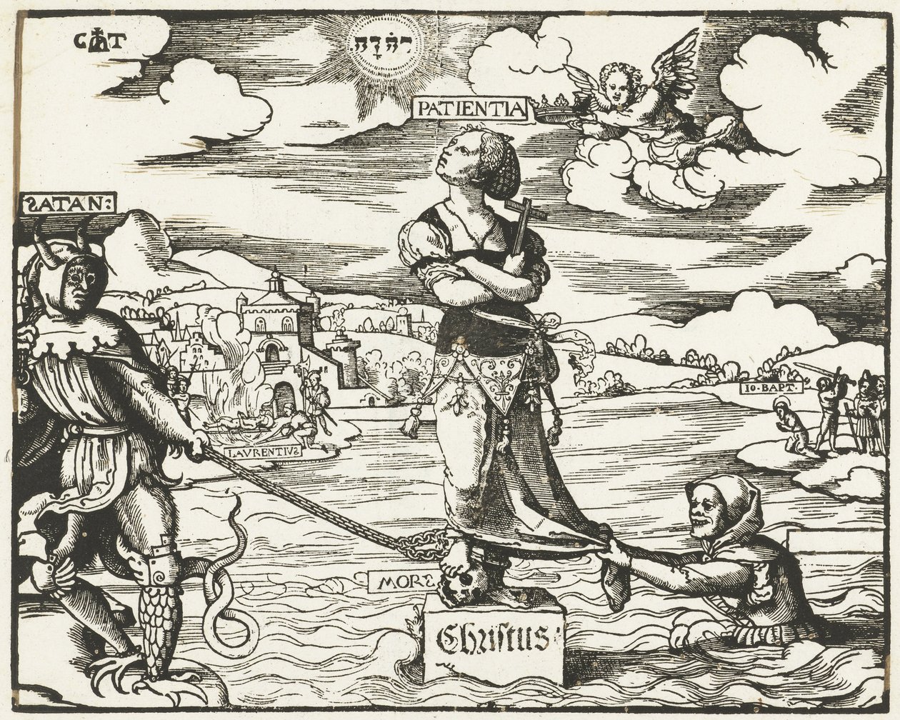 Tålmodighed (Patientia) på en sten i vandet af Cornelis Anthonisz.