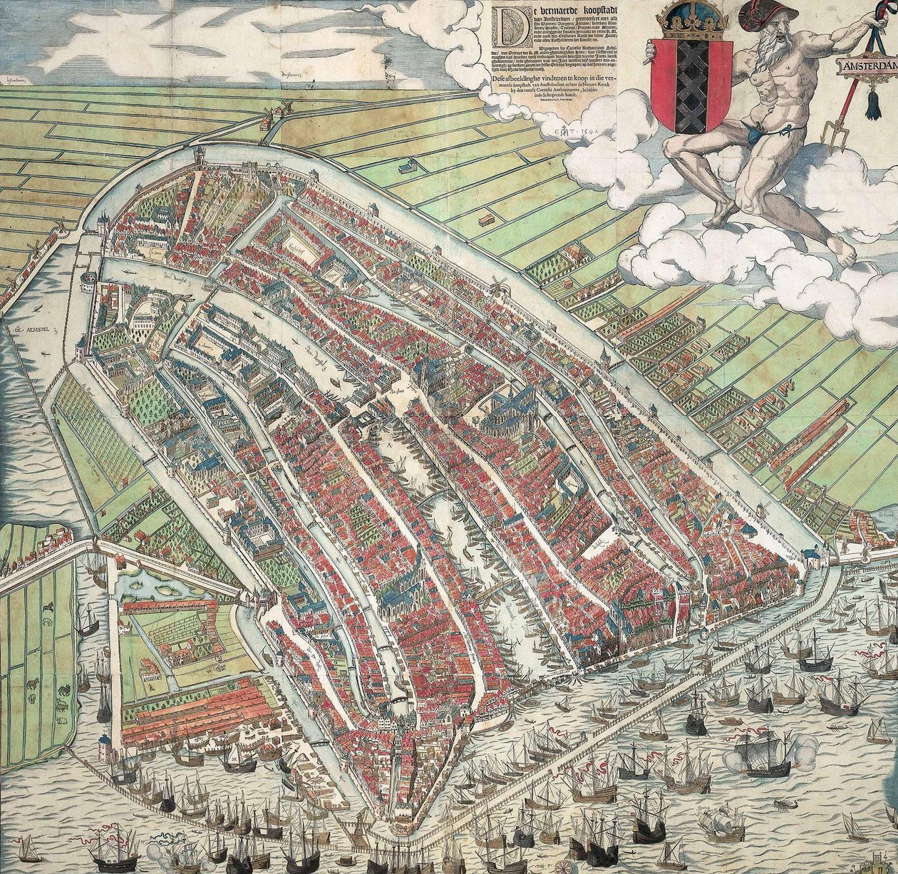 Tysk: Die berühmte Handelsstadt Amsterdam
Hollandsk: De vermaerde koopstadt van Amstelredam af Cornelis Anthonisz.
