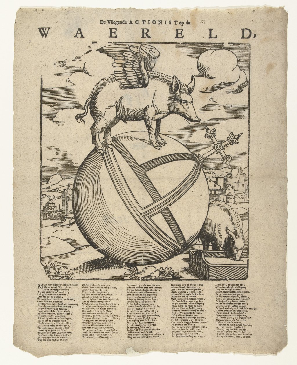 Den bevingede gris i verden The Flying Actionist on the weareld (titel på objekt) af Cornelis Anthonisz.