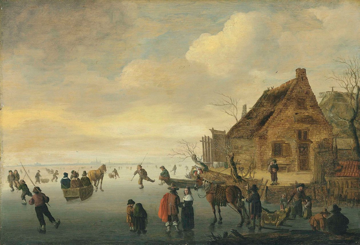 Et vinterlandskab med hestetrukne slæder og figurer på skøjter på en frossen sø ved en landsby. af Cornelis Beelt