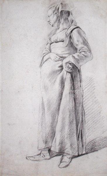 En stående bondekvinde (sort kridt på papir) af Cornelis Pietersz Bega