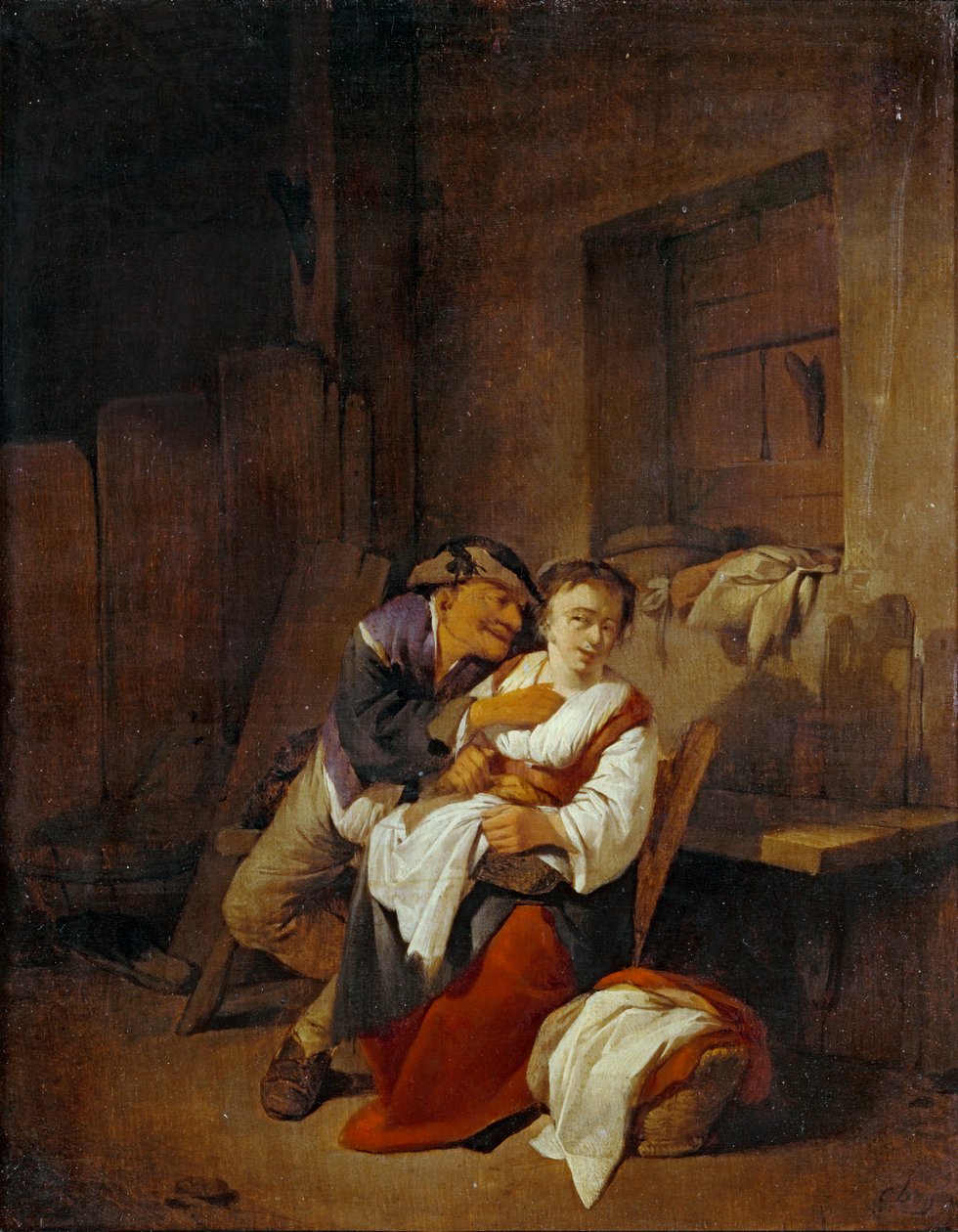 Gammel mand bryder med en ung kvinde i et interiør ... af Cornelis Bega
