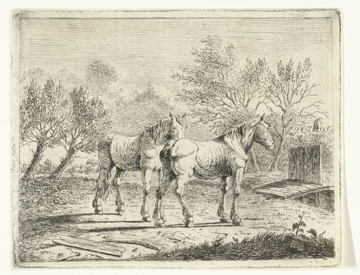 Græslandskab med to heste nær en bro og gård af Cornelis  Bisschop
