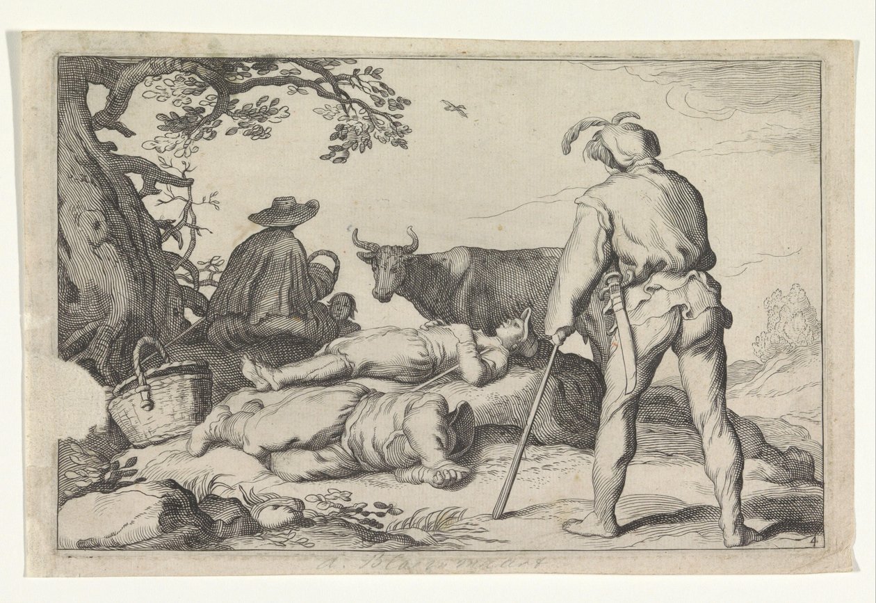 Veehoeders Fire pastorale scener (serietitel) Fritidsfornøjelser (serietitel) af Cornelis Bloemaert (II) (possibly)