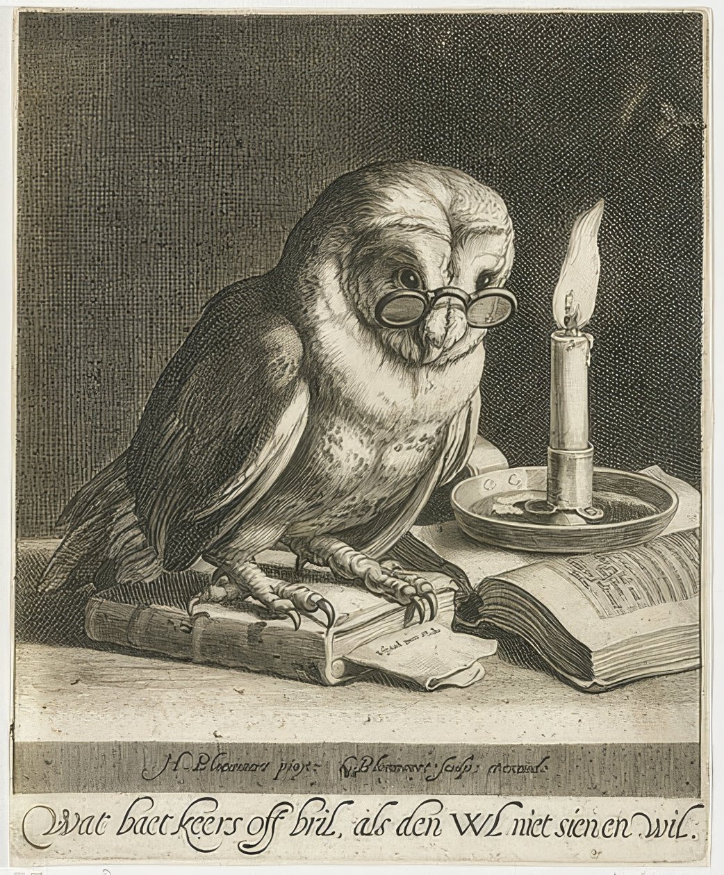 Ugle med briller og bøger. Omkring 1625 af Cornelis Bloemaert