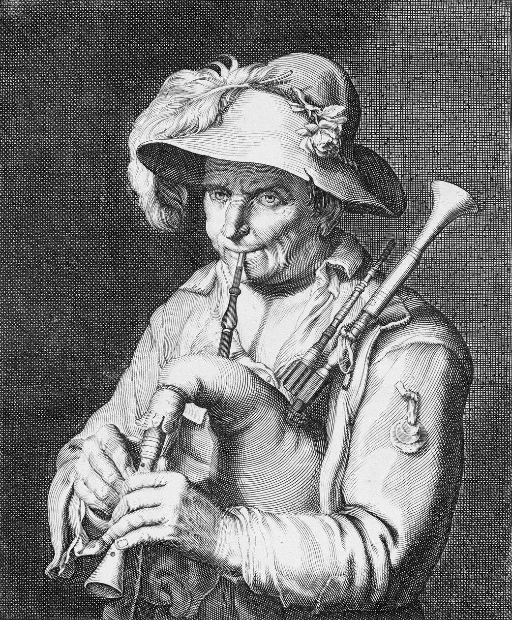 Mand, der spiller sækkepibe, 1600-tallet. af Cornelis Bloemaert
