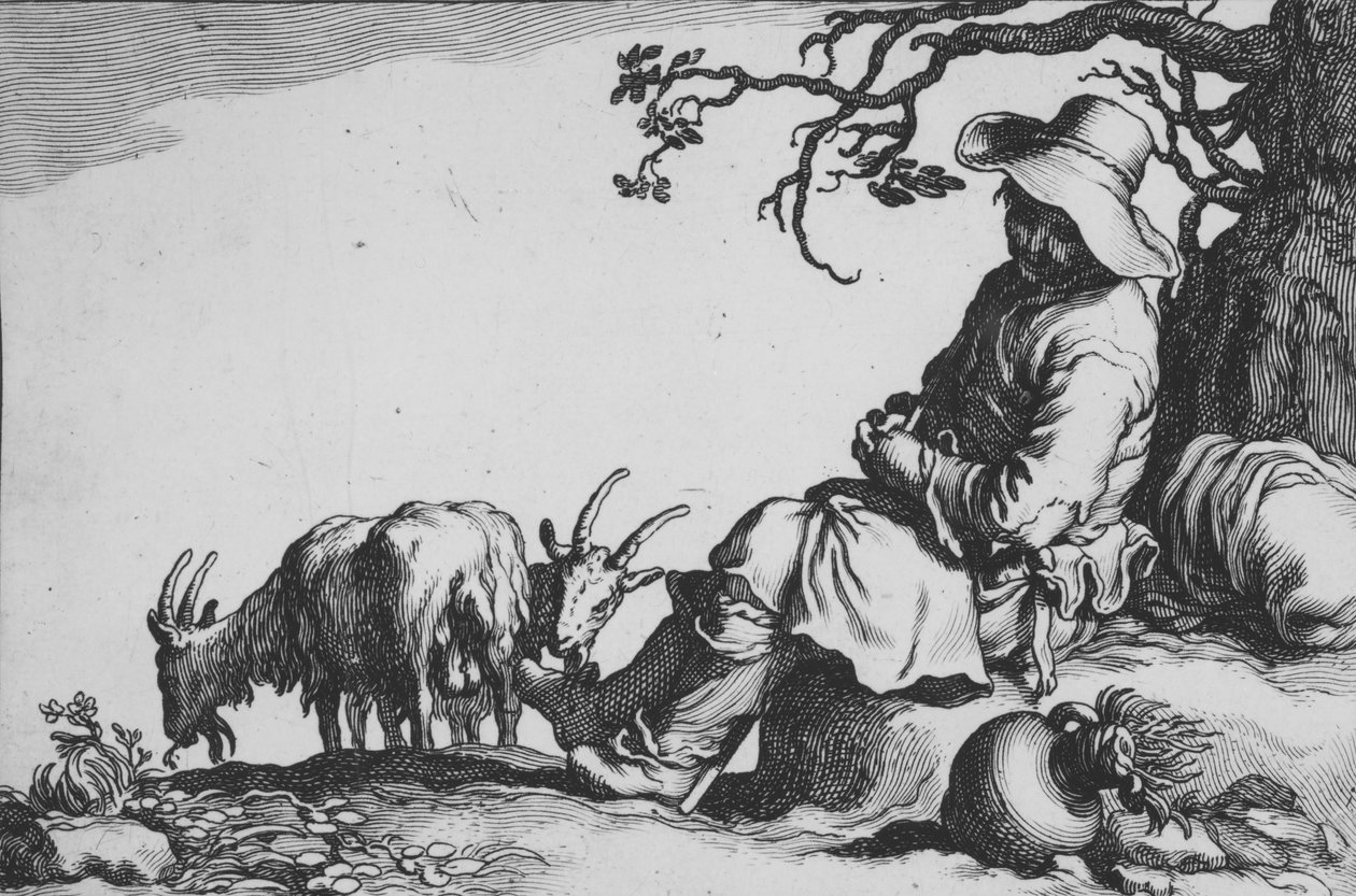 Pastoral med gedehyrde og geder, fra serien Sixteen Peasant Subjects, 1600-tallet. af Cornelis Bloemaert