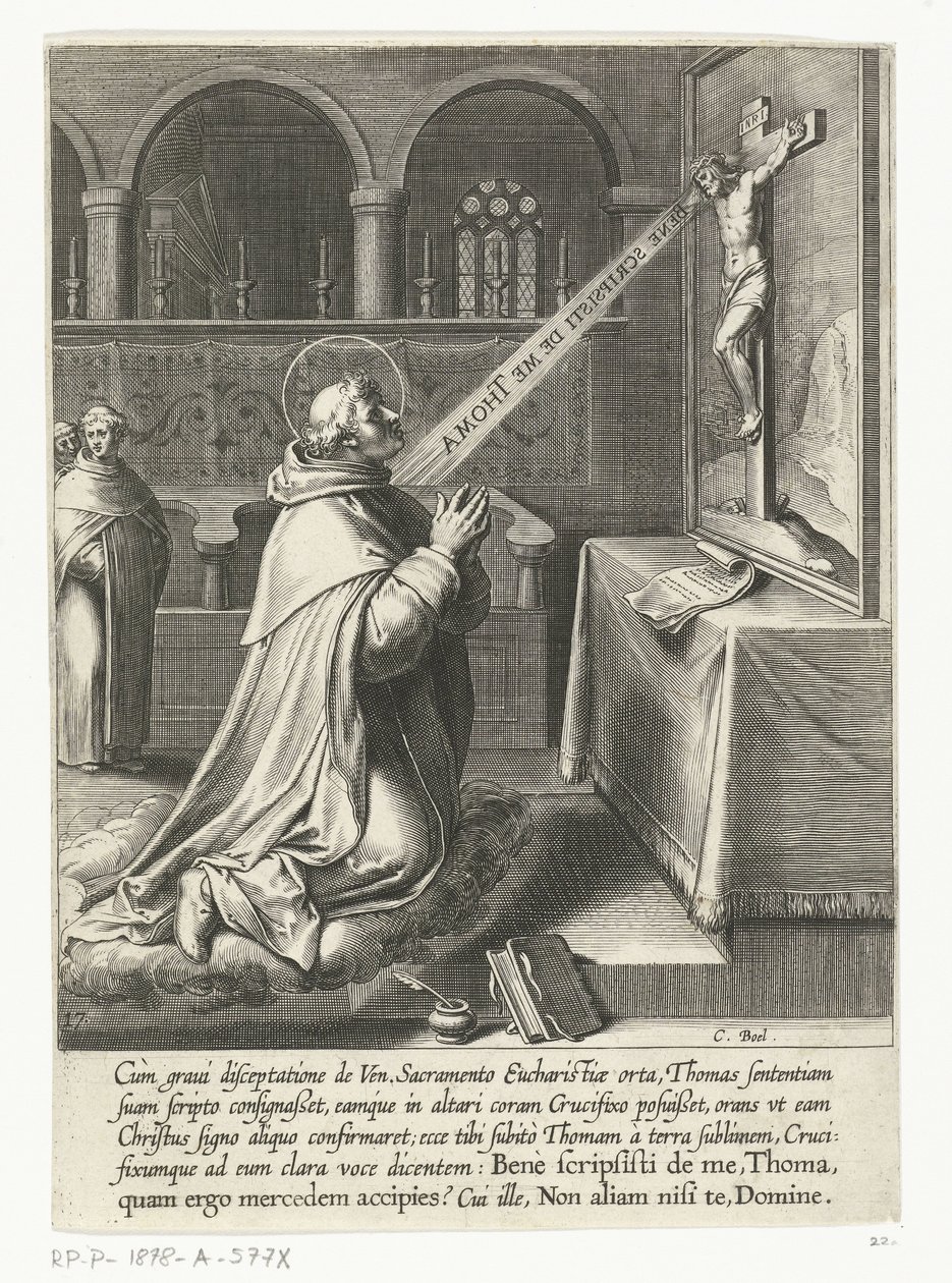Saint Thomas Aquinas taler med et krucifiks The Life of Saint Thomas Aquinas (serietitel) af Cornelis Boel